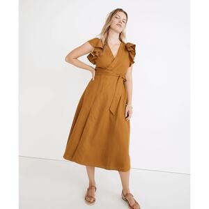 Madewell Linen-Blend Ruffle-Sleeve Wrap Midi Dress Antique Gold